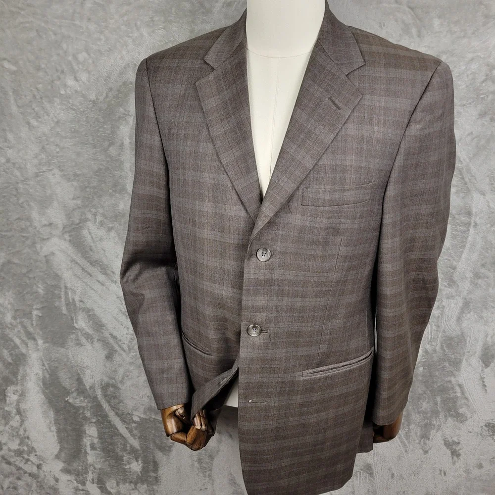 Tasso Elba Men's 38R Brown Blue Plaid 3 Button Italian Reda Super 120's Wool